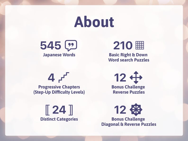 K&ouml;nnte beinhalten: Grafik mit dem Titel "&Uuml;ber" und Details zu einer Lernressource. Sie enth&auml;lt Informationen zu 545 japanischen W&ouml;rtern, 210 Wortsuchr&auml;tseln, 4 progressiven Kapiteln, 12 Bonus-Challenge-R&auml;tseln, 24 verschiedenen Kategorien und 12 Bonus-Challenge-Diagonal- und -R&uuml;ckw&auml;rtsr&auml;tseln.