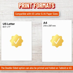 K&ouml;nnte beinhalten: Eine Infografik mit dem Titel PRINT FORMATS zur Kompatibilit&auml;t mit US Letter- und A4-Papierformaten. Sie zeigt zwei wei&szlig;e Rechtecke mit der Beschriftung US Letter 8.5" x 11" und A4 210 x 297 mm, jeweils mit einem goldenen Stern und wei&szlig;em Haken.