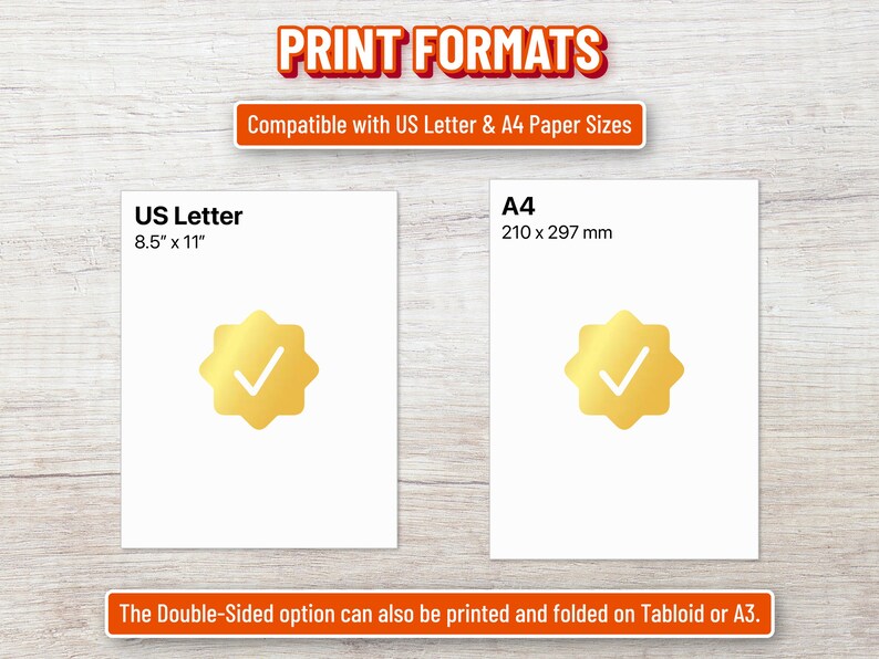 K&ouml;nnte beinhalten: Eine Infografik mit dem Titel PRINT FORMATS zur Kompatibilit&auml;t mit US Letter- und A4-Papierformaten. Sie zeigt zwei wei&szlig;e Rechtecke mit der Beschriftung US Letter 8.5" x 11" und A4 210 x 297 mm, jeweils mit einem goldenen Stern und wei&szlig;em Haken.