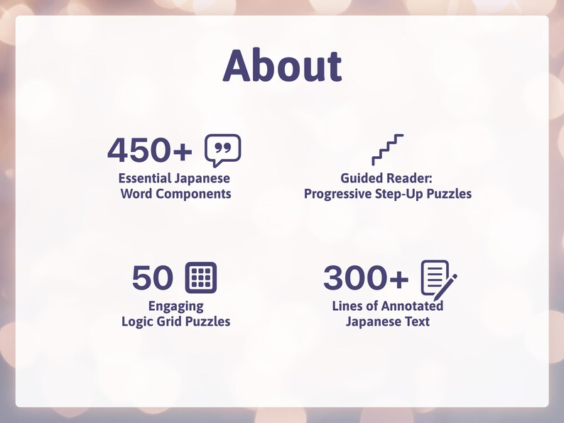 May include: An informational graphic titled About, featuring four sections: 450+ Essential Japanese Word Components with a speech bubble icon, Guided Reader: Progressive Step-Up Puzzles with a staircase icon, 50 Engaging Logic Grid Puzzles with a grid icon, and 300+ Lines of Annotated Japanese Text with a document and pencil icon.