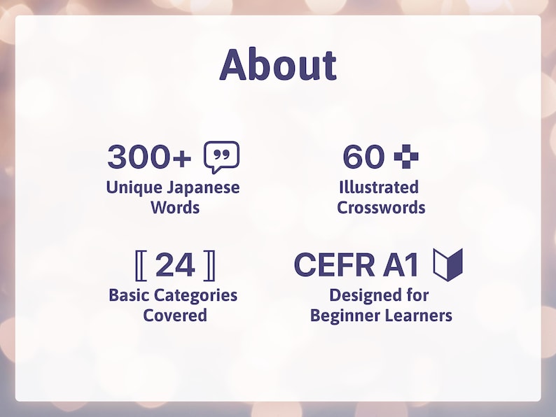 May include: An informational graphic titled About with dark purple text on a white background. It lists 300+ Unique Japanese Words, 60+ Illustrated Crosswords, 24 Basic Categories Covered, and CEFR A1 Designed for Beginner Learners with icons.