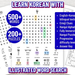 May include: A Korean language learning workbook featuring illustrated word search puzzles. The pages display Hangul characters, English-Korean bilingual vocabulary, emoji clues, and a grid layout. Text includes 'LEARN KOREAN WITH', '500+ WORDS', '200+ PUZZLES', and 'ILLUSTRATED WORD SEARCH'.