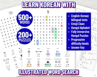 Korean Word Search: 200+ Illustrated Puzzles, 500+ Beginner Words with Fun Emoji Clues