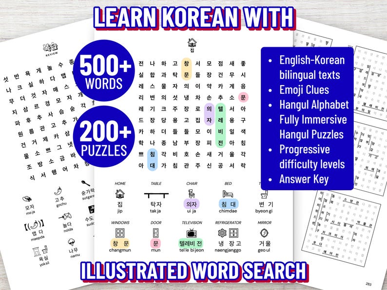 May include: A Korean language learning workbook featuring illustrated word search puzzles. The pages display Hangul characters, English-Korean bilingual vocabulary, emoji clues, and a grid layout. Text includes 'LEARN KOREAN WITH', '500+ WORDS', '200+ PUZZLES', and 'ILLUSTRATED WORD SEARCH'.