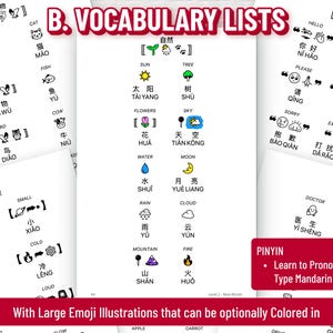 May include: Several white pages displaying Chinese vocabulary lists with English translations, Pinyin, and emoji illustrations. The lists cover animals, nature, and common phrases. A red banner at the bottom reads "With Large Emoji Illustrations that can be optionally Colored in".