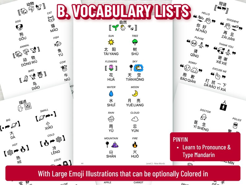 May include: Several white pages displaying Chinese vocabulary lists with English translations, Pinyin, and emoji illustrations. The lists cover animals, nature, and common phrases. A red banner at the bottom reads "With Large Emoji Illustrations that can be optionally Colored in".