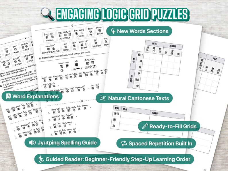 May include: A collection of educational logic grid puzzle worksheets for learning Cantonese. The pages feature vocabulary sections, word explanations, Jyutping spelling guides, natural Cantonese texts, and ready-to-fill grids for practice.