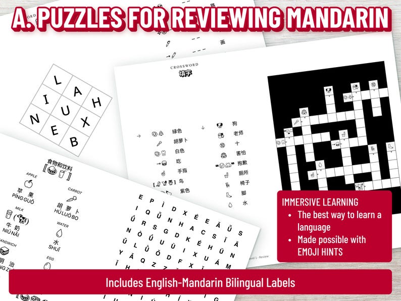 May include: A selection of white paper puzzles designed for Mandarin language learning. Includes a crossword, word search, and other activities with English-Mandarin bilingual labels. The image text reads "A. PUZZLES FOR REVIEWING MANDARIN".