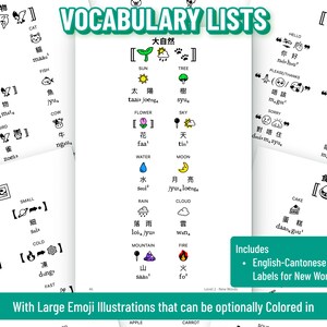 Może przedstawiać: Kolekcja edukacyjnych arkuszy słownictwa z dwujęzycznymi etykietami angielsko-kantońskimi oraz czarno-białymi ilustracjami emoji dla sł&oacute;w takich jak słońce, drzewo, kwiat i niebo, przeznaczonych do kolorowania i nauki język&oacute;w.