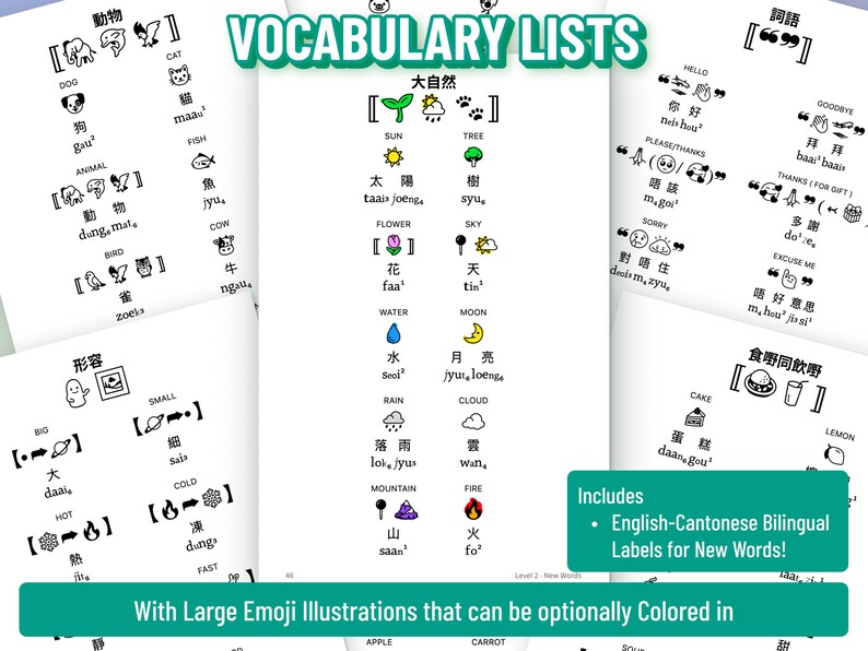 Może przedstawiać: Kolekcja edukacyjnych arkuszy słownictwa z dwujęzycznymi etykietami angielsko-kantońskimi oraz czarno-białymi ilustracjami emoji dla sł&oacute;w takich jak słońce, drzewo, kwiat i niebo, przeznaczonych do kolorowania i nauki język&oacute;w.