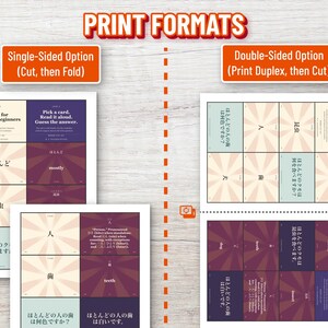 K&ouml;nnte beinhalten: Ein druckbares Trivia-Kartenset f&uuml;r Japanisch-Anf&auml;nger mit zwei Layout-Optionen: einseitig zum Schneiden und Falten sowie doppelseitig f&uuml;r den Duplexdruck. Die Karten zeigen japanischen Text, englische &Uuml;bersetzungen und Quizfragen.