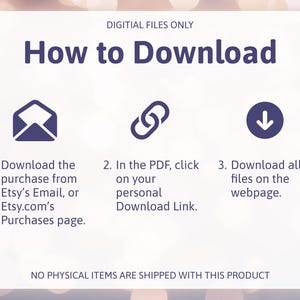 K&ouml;nnte beinhalten: Eine wei&szlig;e Grafik mit Anweisungen zum Herunterladen digitaler Dateien. Der Text lautet &bdquo;So laden Sie herunter&ldquo; mit nummerierten Schritten: Laden Sie die Datei von der Etsy-E-Mail herunter, klicken Sie auf den Download-Link und laden Sie die Dateien auf der Webseite herunter.