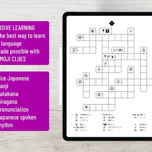 May include: A digital tablet displaying a crossword puzzle with emoji clues and Japanese text. The screen shows a grid of empty boxes for word entry, numbered sections, and a list of Japanese vocabulary terms with corresponding emoji icons.