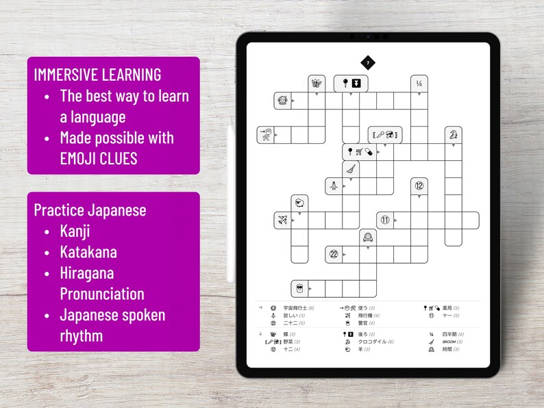 May include: A digital tablet displaying a crossword puzzle with emoji clues and Japanese text. The screen shows a grid of empty boxes for word entry, numbered sections, and a list of Japanese vocabulary terms with corresponding emoji icons.