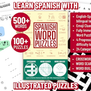 May include: Educational Spanish language learning materials. The image shows a book titled "Spanish Word Puzzles" with 500+ words and 100+ puzzles. Includes crosswords, word searches, and word builders. Features English-Spanish bilingual texts and emoji clues.
