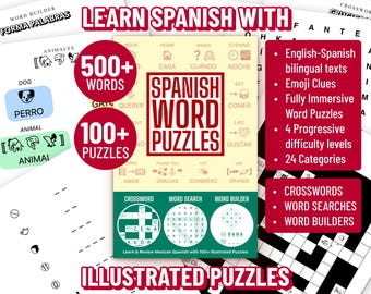 Spanish Word Puzzles: 100+ Illustrated Puzzles, 500+ Beginner Words with Fun Emoji Clues in Crosswords, Word Searches, and Spelling Puzzles