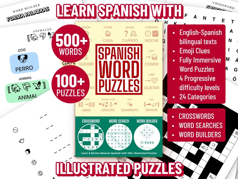 K&ouml;nnte beinhalten: Lehrmaterialien zum Erlernen der spanischen Sprache. Das Bild zeigt ein Buch mit dem Titel "Spanish Word Puzzles" mit &uuml;ber 500 W&ouml;rtern und &uuml;ber 100 R&auml;tseln. Enth&auml;lt Kreuzwortr&auml;tsel, Wortsuchr&auml;tsel und Wortbildner.