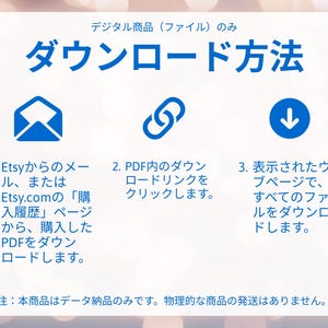 May include: A blue and white graphic with Japanese text detailing how to download digital products from Etsy. The steps are illustrated with icons: an envelope, a chain link, and a downward arrow.