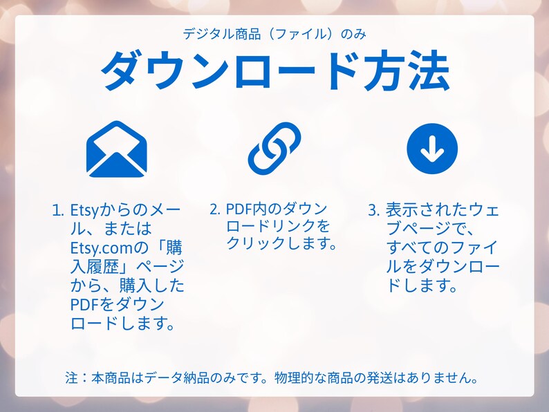 May include: A blue and white graphic with Japanese text detailing how to download digital products from Etsy. The steps are illustrated with icons: an envelope, a chain link, and a downward arrow.