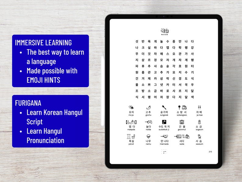 May include: A digital tablet displaying a Korean language learning page with a grid of Hangul characters, followed by rows of icons paired with Korean words and romanized pronunciation guides, alongside two blue text boxes with white text.