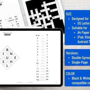 May include: A digital word puzzle set, including a crossword and word builder game, displayed on a tablet and paper. The tablet shows a word builder with the letters B, I, N, A, U, E, S, and L. The set is designed for US Letter and A4 paper, and is compatible with tablets.