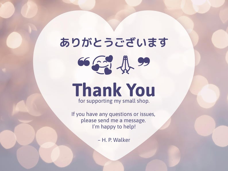 K&ouml;nnte beinhalten: Eine wei&szlig;e herzf&ouml;rmige Grafik mit japanischem Text und dem englischen Satz &bdquo;Thank You&ldquo;. Die Botschaft ist f&uuml;r die Unterst&uuml;tzung eines kleinen Gesch&auml;fts. Der Hintergrund ist ein weiches, verschwommenes Bokeh aus wei&szlig;en und rosa Lichtern.