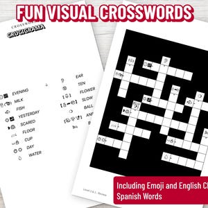K&ouml;nnte beinhalten: Zwei wei&szlig;e Papierb&ouml;gen mit visuellen Kreuzwortr&auml;tseln. Ein Bogen hat ein Kreuzwortr&auml;tselgitter mit Emoji-Hinweisen, der andere eine Liste von Emoji-Hinweisen mit entsprechenden W&ouml;rtern. Der Text oben lautet "FUN VISUAL CROSSWORDS". Der Text unten lautet "Including Emoji and English Clues for Spanish Words".