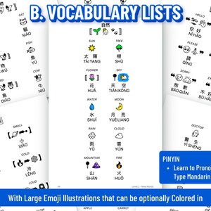 May include: A set of white vocabulary list pages with black text and emoji illustrations. The pages are labeled "B. Vocabulary Lists" and include words for animals, nature, and greetings. A blue banner at the bottom reads "With Large Emoji Illustrations that can be optionally Colored in."