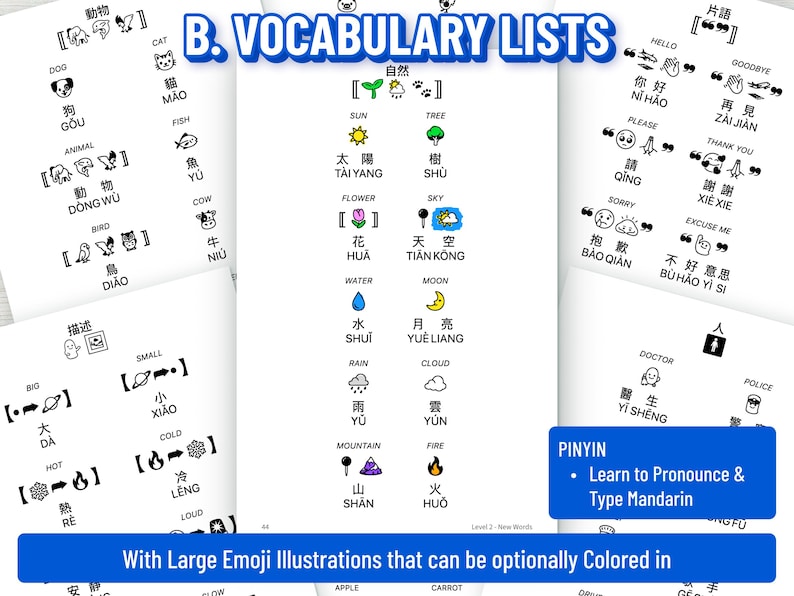 May include: A set of white vocabulary list pages with black text and emoji illustrations. The pages are labeled "B. Vocabulary Lists" and include words for animals, nature, and greetings. A blue banner at the bottom reads "With Large Emoji Illustrations that can be optionally Colored in."