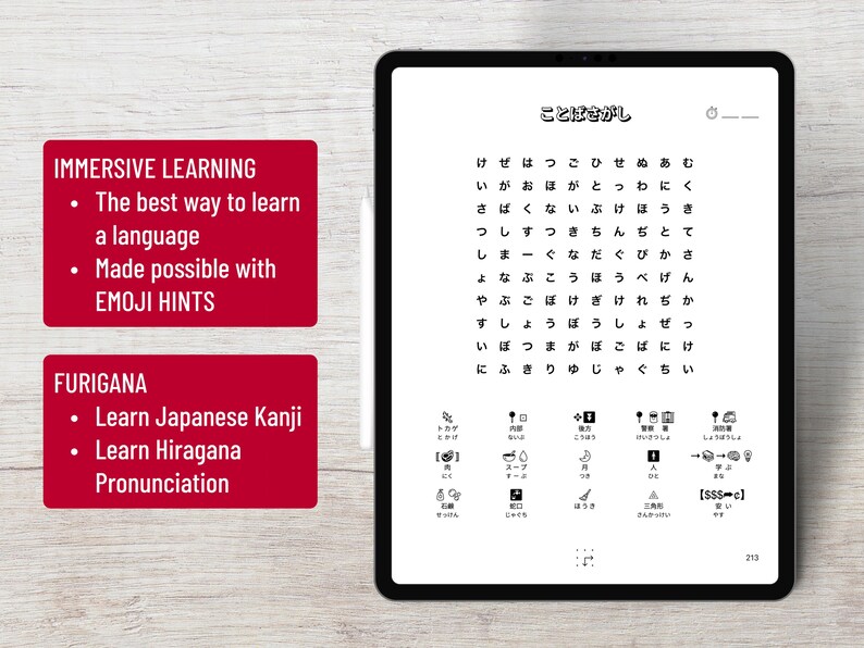 K&ouml;nnte beinhalten: Ein digitales Tablet zeigt japanische Schriftzeichen und Vokabel&uuml;bungen. Der Bildschirm zeigt ein Wortsuchr&auml;tsel und Symbole. Rote Rechtecke auf der linken Seite heben "Immersive Learning" und "Furigana" hervor.