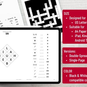 May include: A digital crossword puzzle and word builder game in black and white, shown on a tablet and printed pages. The tablet displays a word puzzle with the letters L, I, A, N, U, H, E, X, and B. The text on the right side of the image says "SIZE", "Versions", and "COLOR".