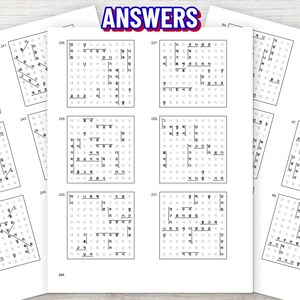 May include: A white page titled ANSWERS containing multiple square word search puzzles with Korean characters arranged in grids. Each puzzle is numbered and features black lines drawn through specific rows, columns, or diagonals of characters.