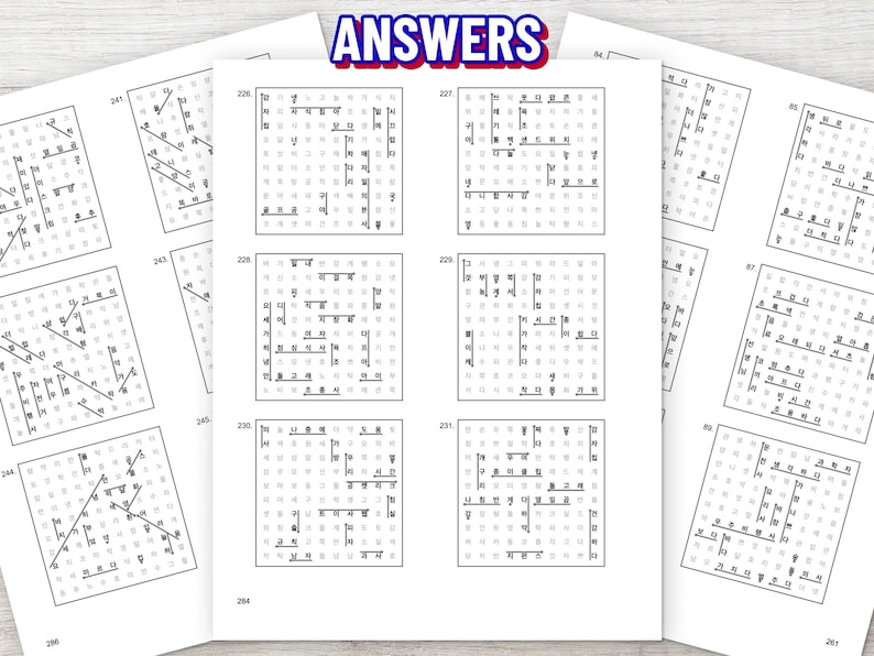 May include: A white page titled ANSWERS containing multiple square word search puzzles with Korean characters arranged in grids. Each puzzle is numbered and features black lines drawn through specific rows, columns, or diagonals of characters.