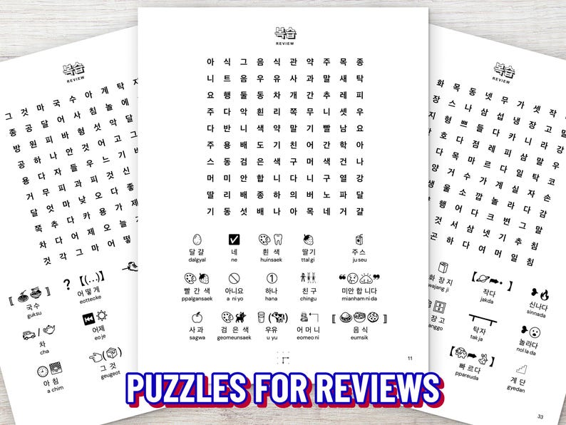 May include: Three white pages of a Korean language workbook featuring word search puzzles with black text and illustrations. Each page includes a grid of Korean characters, vocabulary lists with corresponding icons, and the header text REVIEW.