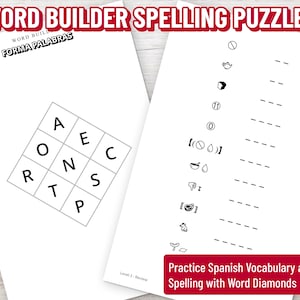 K&ouml;nnte beinhalten: Zwei wei&szlig;e Papierb&ouml;gen mit Wortr&auml;tseln. Ein Bogen hat ein Buchstabenraster, der andere Bildhinweise mit leeren Zeilen. Oben im Bild steht "WORD BUILDER SPELLING PUZZLES". Ein rotes Banner unten lautet "Practice Spanish Vocabulary and Spelling with Word Diamonds."