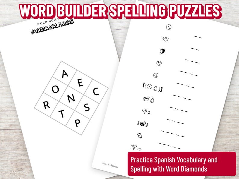 K&ouml;nnte beinhalten: Zwei wei&szlig;e Papierb&ouml;gen mit Wortr&auml;tseln. Ein Bogen hat ein Buchstabenraster, der andere Bildhinweise mit leeren Zeilen. Oben im Bild steht "WORD BUILDER SPELLING PUZZLES". Ein rotes Banner unten lautet "Practice Spanish Vocabulary and Spelling with Word Diamonds."