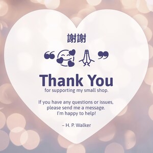May include: A white heart-shaped graphic with the words "Thank You" in navy blue, along with supporting text. The background is a soft, blurred bokeh effect with white and purple tones. The image includes Japanese characters.