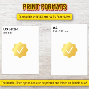 May include: An informational graphic titled PRINT FORMATS showing compatibility with US Letter and A4 paper sizes. It displays a US Letter sheet at 8.5" x 11" and an A4 sheet at 210 x 297 mm, each with a gold star icon. Includes text about printing options.