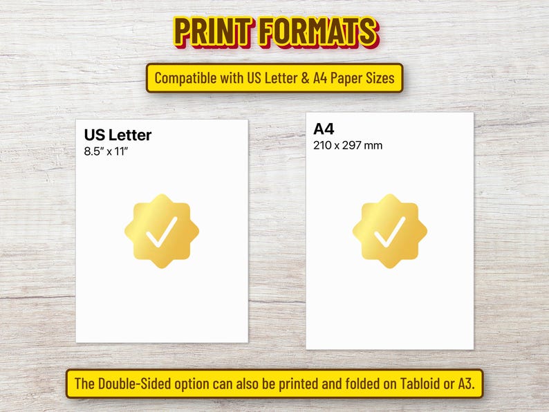 May include: An informational graphic titled PRINT FORMATS showing compatibility with US Letter and A4 paper sizes. It displays a US Letter sheet at 8.5" x 11" and an A4 sheet at 210 x 297 mm, each with a gold star icon. Includes text about printing options.