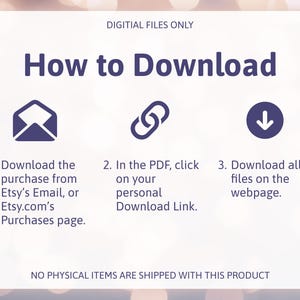 Może przedstawiać: Grafika instruktażowa zatytułowana How to Download z ciemnofioletowym tekstem i ikonami na białym tle. Przedstawia trzy kroki: pobieranie z e-maila lub strony zakup&oacute;w Etsy, kliknięcie linku PDF oraz pobranie plik&oacute;w ze strony internetowej.
