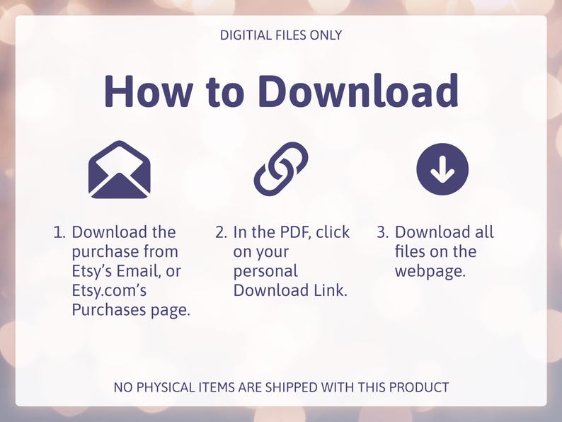 Może przedstawiać: Grafika instruktażowa zatytułowana How to Download z ciemnofioletowym tekstem i ikonami na białym tle. Przedstawia trzy kroki: pobieranie z e-maila lub strony zakup&oacute;w Etsy, kliknięcie linku PDF oraz pobranie plik&oacute;w ze strony internetowej.