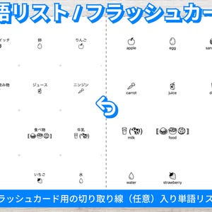 May include: A white flashcard with Japanese text and illustrations of food and drink items, including an apple, egg, sandwich, juice, and water. The top banner reads "Vocabulary List / Flashcards."