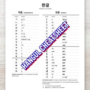 May include: A white educational chart titled HANGUL KOREAN ALPHABET with black text organized into two columns for consonants and vowels. The document includes phonetic sounds and examples, with the diagonal text HANGUL CHEATSHEET in blue.