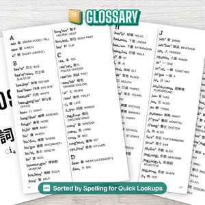 May include: A printed glossary document featuring alphabetical lists of words with phonetic spellings, Chinese characters, and English definitions. The pages are organized by letter, including sections for A, B, C, D, H, J, and Z, with a header labeled GLOSSARY.