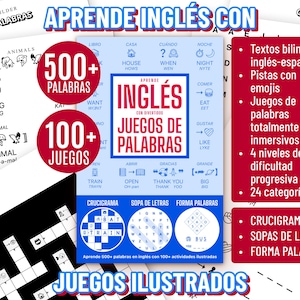 Può includere: Materiali didattici per l'apprendimento dell'inglese. L'immagine presenta una raccolta di giochi di parole illustrati, tra cui cruciverba, giochi di ricerca di parole e giochi di costruzione di parole. I materiali sono bilingue, con testo in inglese e spagnolo.
