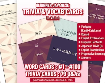 Könnte beinhalten: Ein Set aus japanischen Trivia- und Vokabelkarten für Anfänger mit 100 Wortkarten und 79 Quizfragen. Die Karten zeigen japanischen Text, Furigana, Romaji und englische Übersetzungen vor einem strahlenförmigen Hintergrund in Creme und Violett.