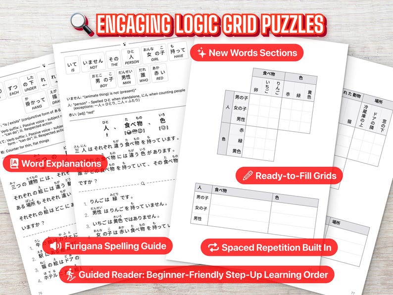Japanese Logic Grid Puzzles | Read, Decode, and Practice Japanese Grammar - Furigana Edition | Digital PDF image 4