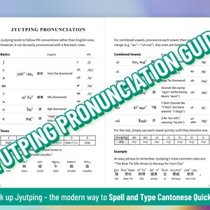 Może przedstawiać: Dwustronicowy przewodnik edukacyjny zatytułowany JYUTPING PRONUNCIATION, zawierający tabele i tekst wyjaśniający zasady fonetyki kantońskiej, konwencje IPA, kombinacje samogłosek i oznaczenia ton&oacute;w, z ukośnie nałożonym tekstem JYUTPING PRONUNCIATION GUIDE.