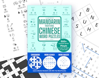 May include: An illustrated Mandarin Chinese word puzzle book with a teal cover, featuring a crossword, word search, and word builder. The book includes over 500 essential words in Pinyin to learn to spell and type fast.