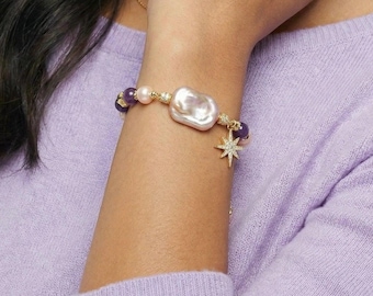 Barokke parel-amethistarmband, 18 kt gouden hemelse sterbedel, luxe boho-statementsieraden